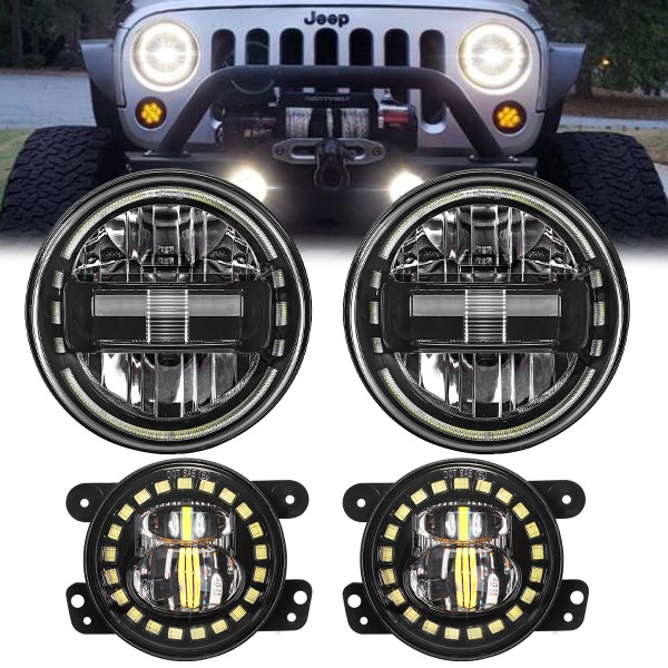 7 Inch Led Headlights with DRL High Low Beam + 4 Inch Cree Led Fog Lights with Halo Ring/Fog Light Projector for Jeep Wrangler JK JKU TJ LJ 1997-2018, 2 Year Warranty, 2020 Exclusive Patent, Black