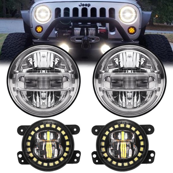 7 Inch Led Headlights with DRL High Low Beam + 4 Inch Cree Led Fog Lights with Halo Ring/Fog Light Projector for Jeep Wrangler JK JKU TJ LJ 1997-2018, 2 Year Warranty, 2020 Exclusive Patent, Chrome