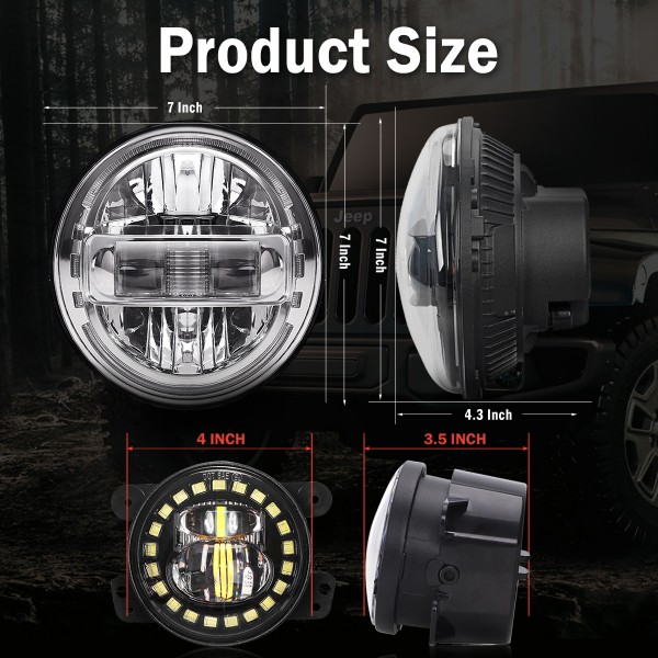 7 Inch Led Headlights with DRL High Low Beam + 4 Inch Cree Led Fog Lights with Halo Ring/Fog Light Projector for Jeep Wrangler JK JKU TJ LJ 1997-2018, 2 Year Warranty, 2020 Exclusive Patent, Chrome