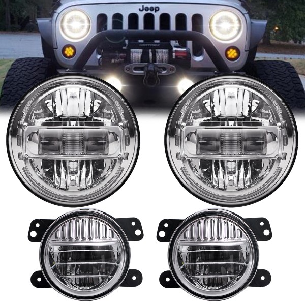 7 Inch Chrome LED Headlights with DRL High Low Beam + 4 Inch Smiley Design Cree LED Fog Lights for Jeep Wrangler JK JKU TJ LJ 1997-2018, 2 Year Warranty, 2020 Exclusive Patent