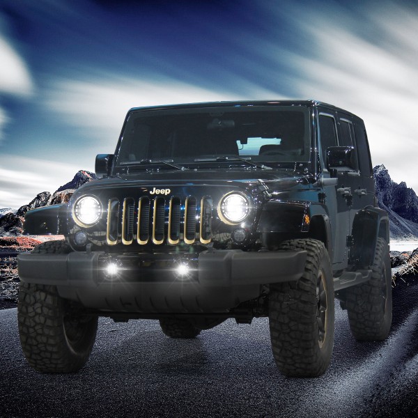 7 Inch Chrome LED Headlights with DRL High Low Beam + 4 Inch Smiley Design Cree LED Fog Lights for Jeep Wrangler JK JKU TJ LJ 1997-2018, 2 Year Warranty, 2020 Exclusive Patent