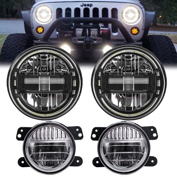 7 Inch Black LED Headlights with DRL High Low Beam + 4 Inch Smiley Design Cree LED Fog Lights for Jeep Wrangler JK JKU TJ LJ 1997-2018, 2 Year Warranty, 2020 Exclusive Patent