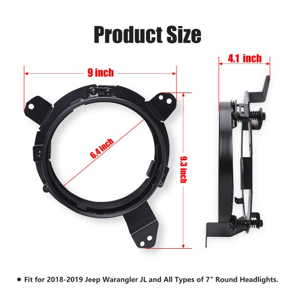 Jeep Headlight Mounting Bracket Aluminium Alloy Omni-directional Adjustment 7 Inch Headlight Bracket Replacement for 2018-2020 Jeep Wrangler JL JLU and All Types of 7 Inch Round Headlights (Black)